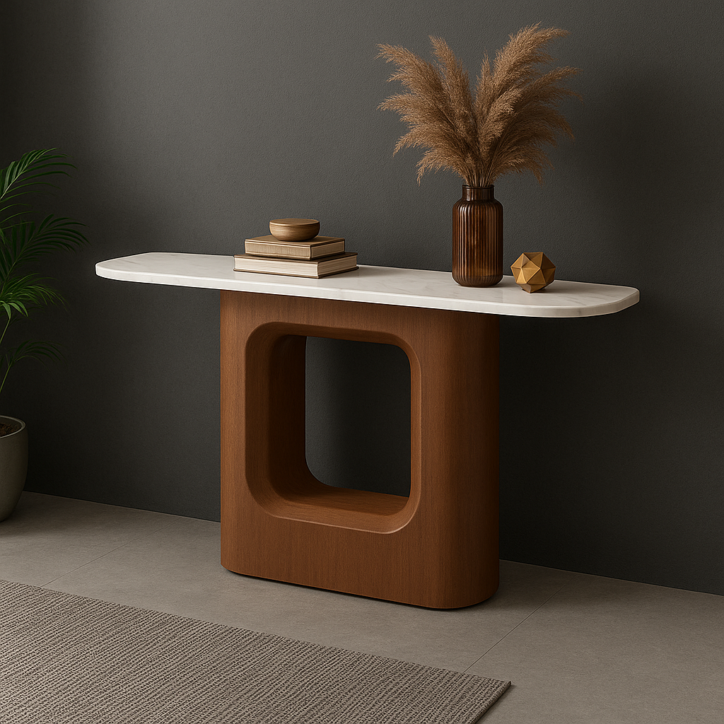 Ovalo Console – Modern Walnut Base with White Stone Top