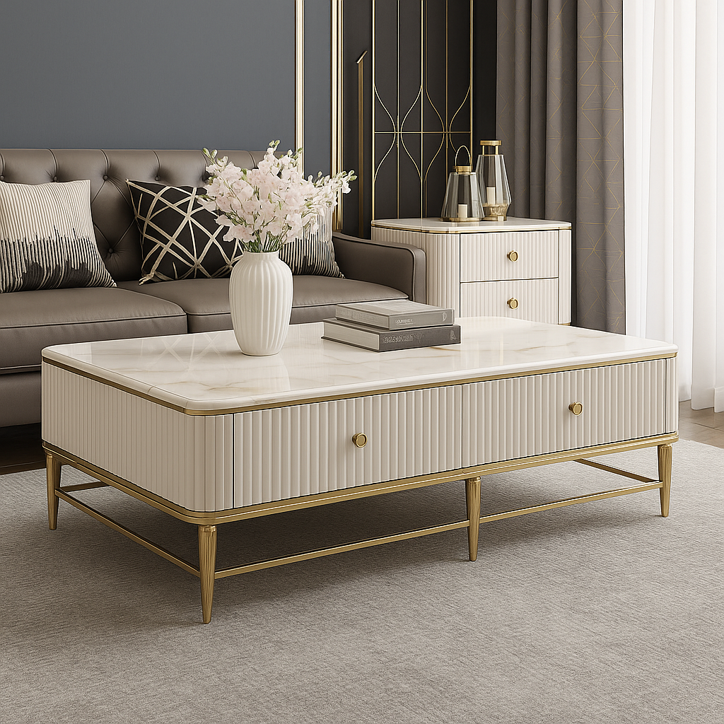 Aurelia Fluted Coffee Table – White Marble & Gold