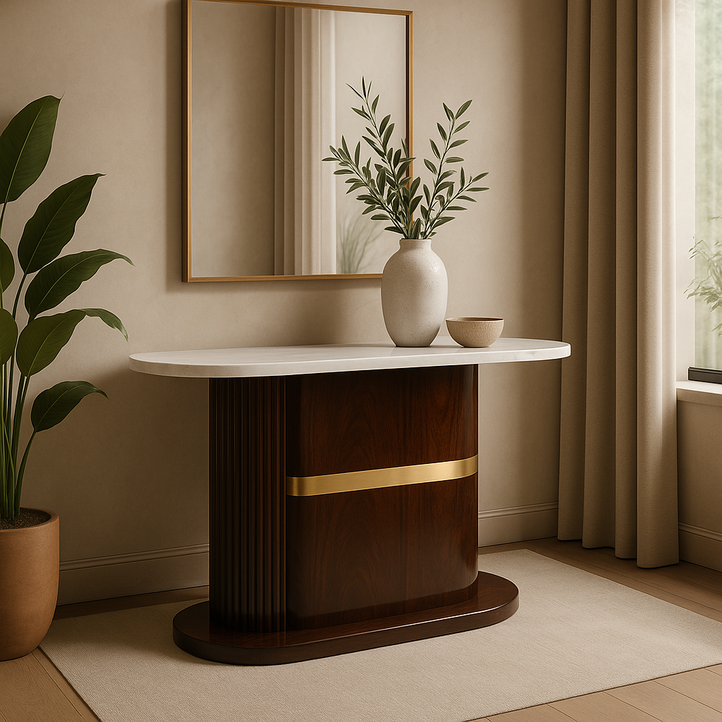 Elmore Sculpted Console Table – Walnut Finish with Marble Top & Mirror